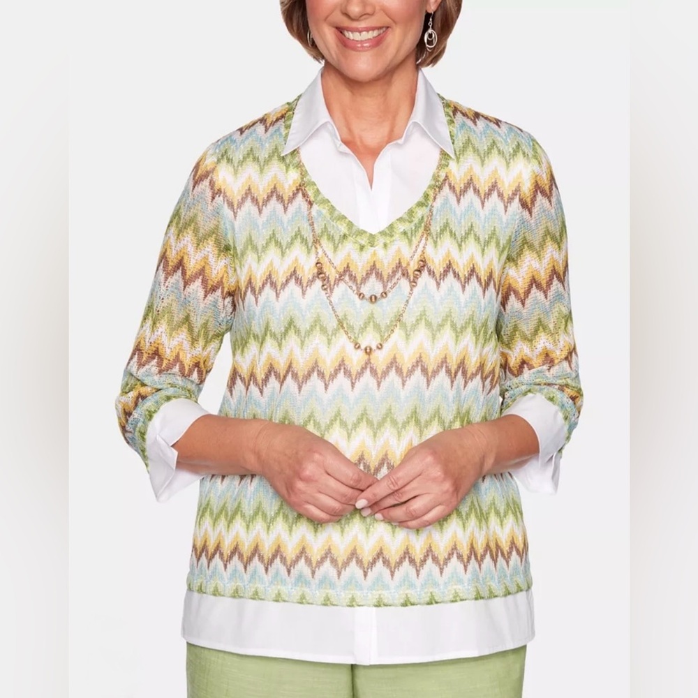 Alfred Dunner Women's Small Chevron‎ Two-for-one Sweater w/ Detachable Necklace